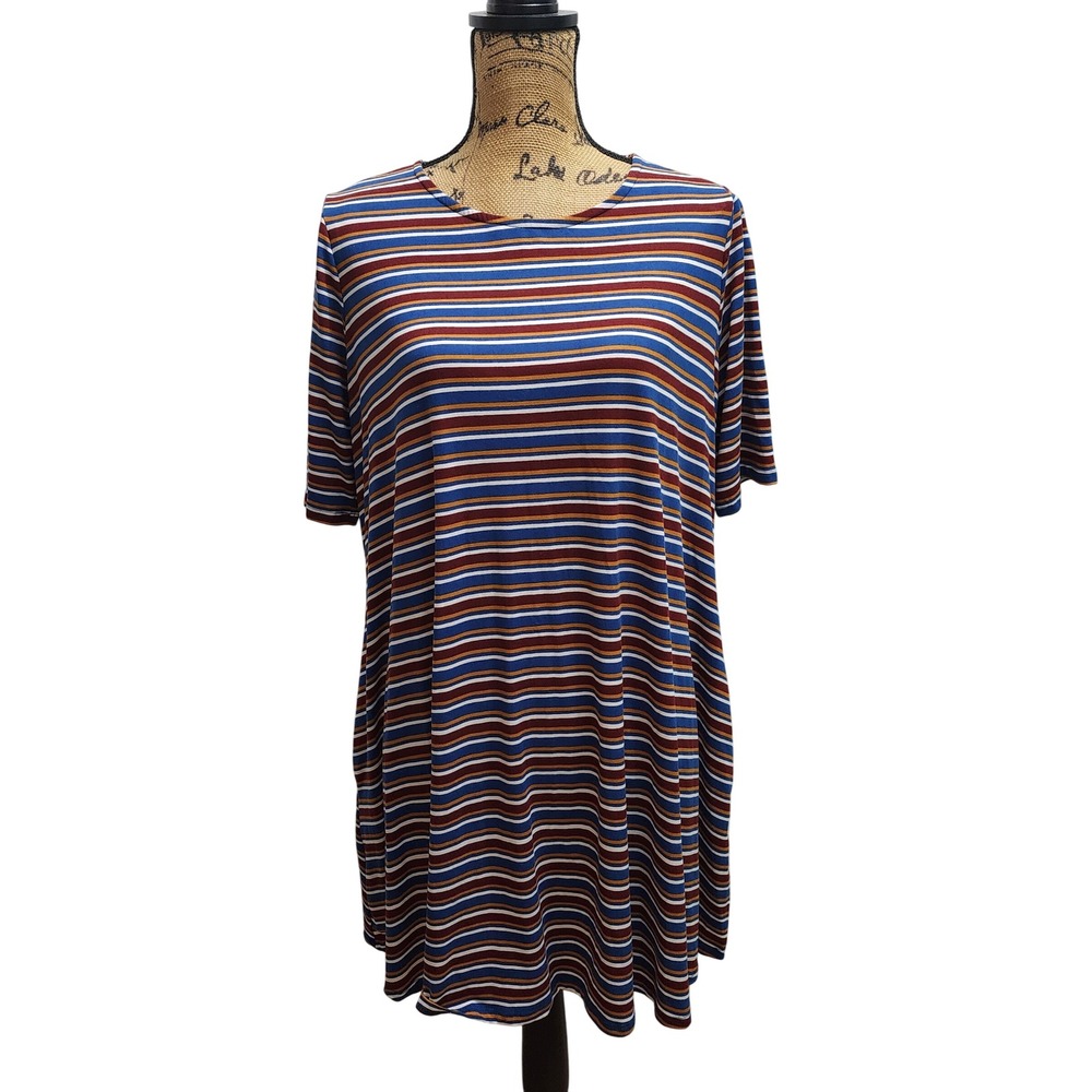Agnes & Dora XL Tunic Top Blue Brown Red Stripe Short‎ Sleeve Made in USA
